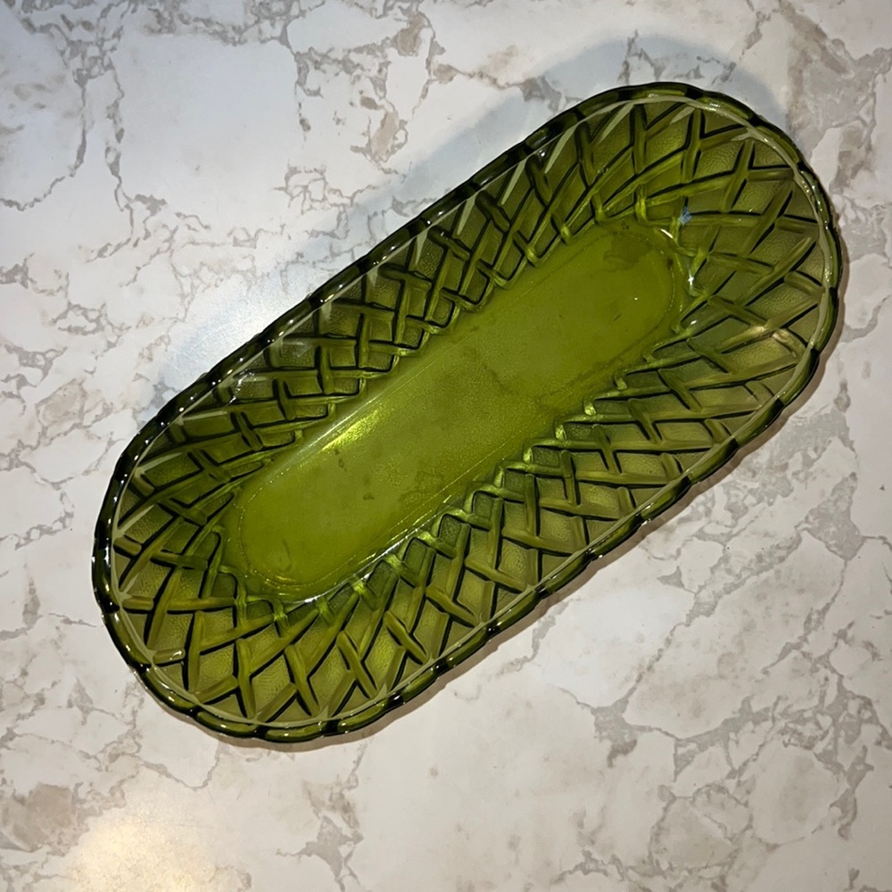 Vintage Indiana Glass Green Glass Serving Tray decor, textured versatile dish